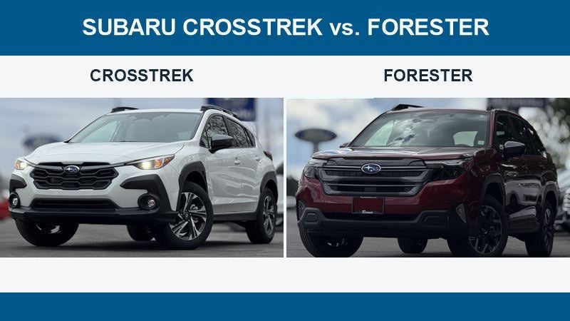 Comparison image showing a white 2026 Subaru Crosstrek and a red 2026 Subaru Forester from Romeo Subaru’s inventory.